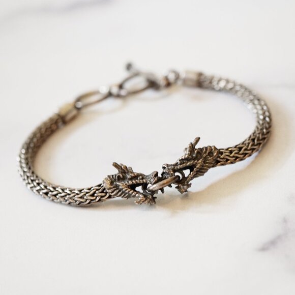 Sterling Silver Dragon Head Toggle Bracelet – Vintage 925 Braided Mesh Chain - Picture 2 of 6